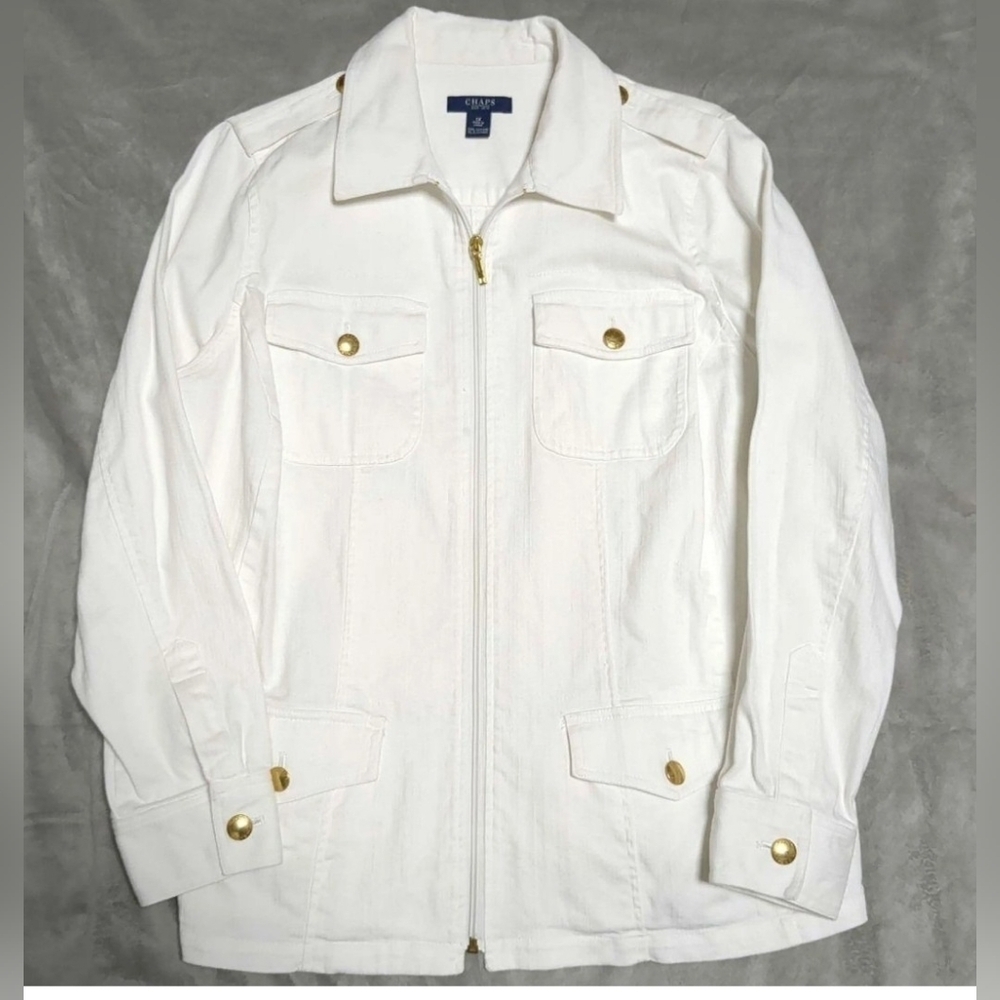 Chaps Denim Jacket Zip Pockets Epaulettes Gold Buttons Sz 2XL